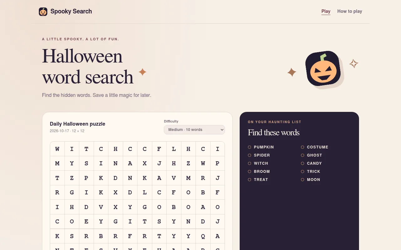 The Spooky Search daily Halloween puzzle for 2026-10-17 on medium, a 12 by 12 grid with ten words to find