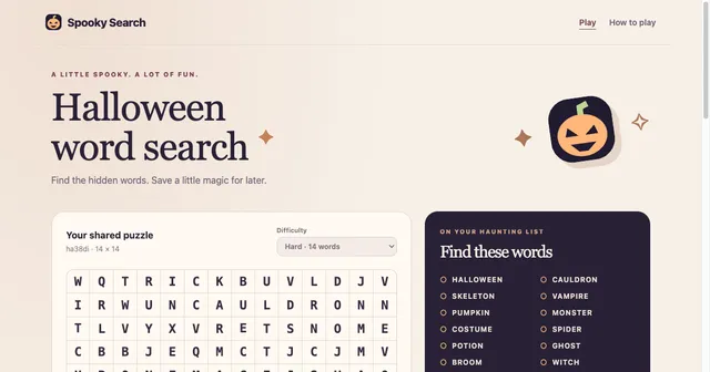 Spooky Search with a 14 by 14 Halloween letter grid and its word list: Halloween, skeleton, pumpkin, cauldron, vampire and more