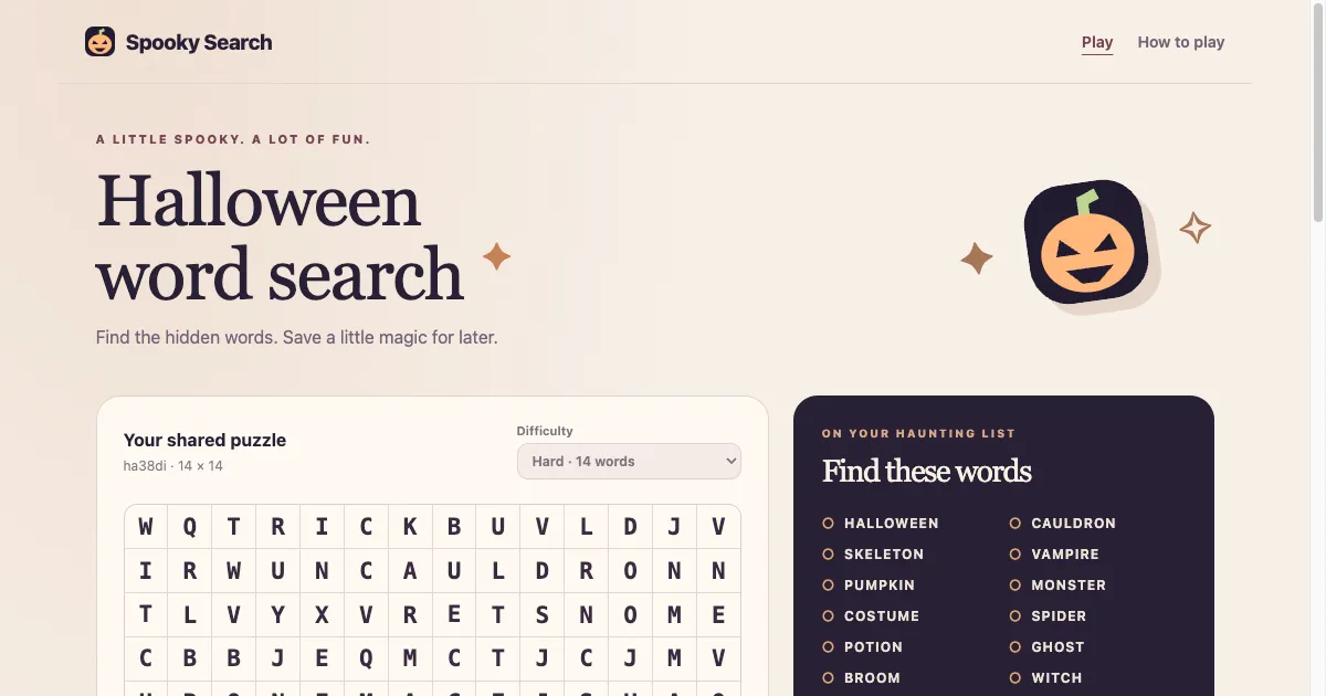 Spooky Search with a 14 by 14 Halloween letter grid and its word list: Halloween, skeleton, pumpkin, cauldron, vampire and more
