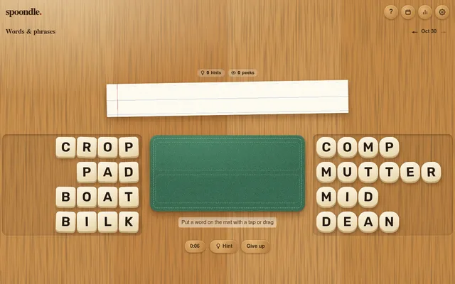 Spoondle's 30 October 2026 Words & phrases board: CROP, PAD, BOAT and BILK in the left column, COMP, MUTTER, MID and DEAN on the right, with the green mat and a blank answer sheet