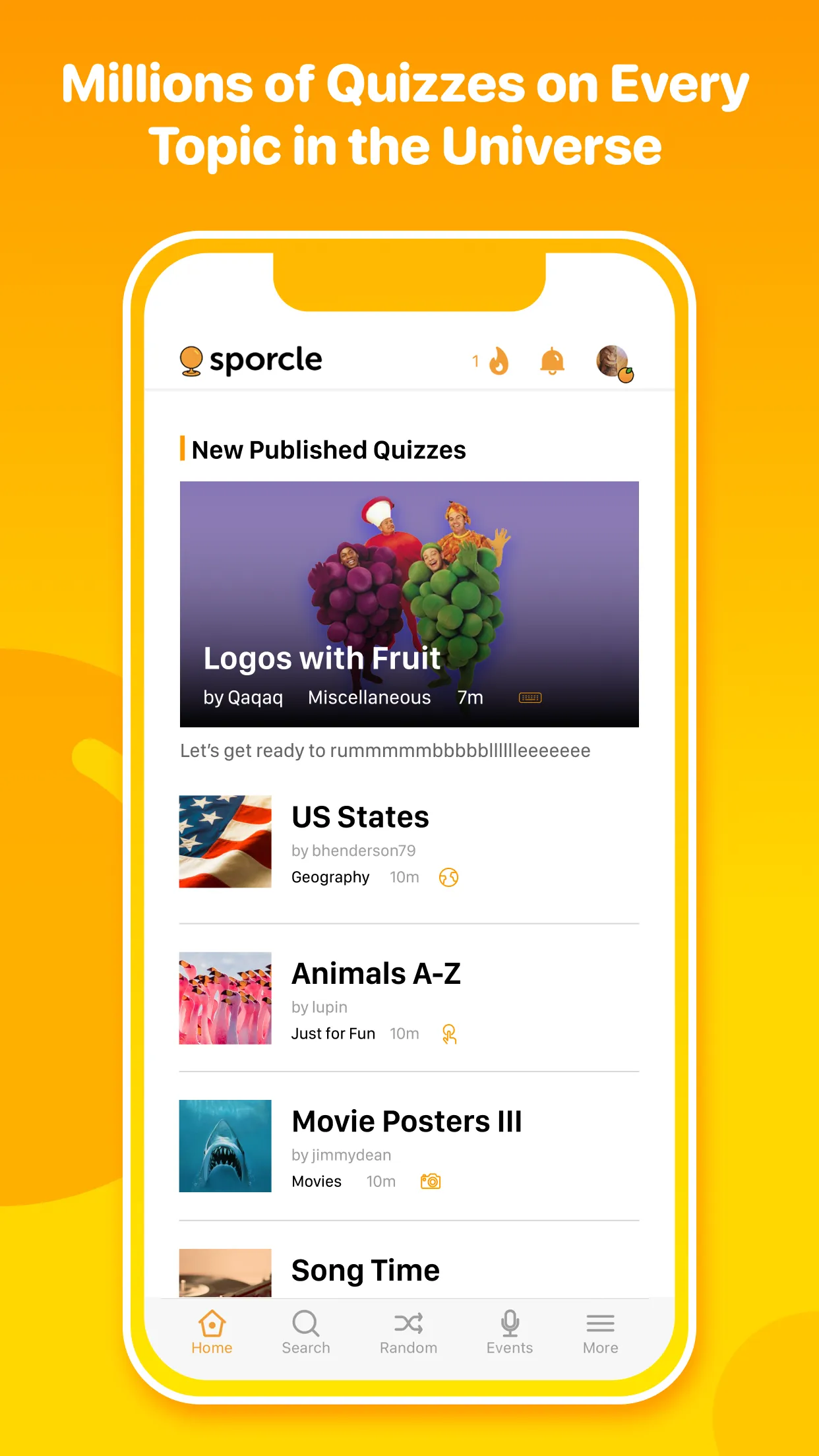 The Sporcle app home screen with a list of quizzes