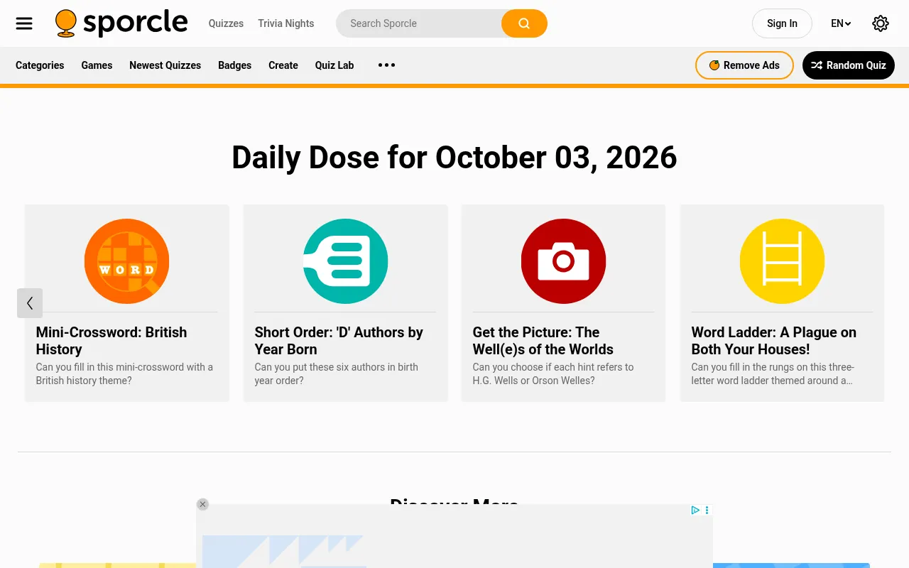 Sporcle Daily Dose for October 03, 2026: four quiz cards, a British history mini-crossword, a Short Order on authors, a Get the Picture quiz and a word ladder