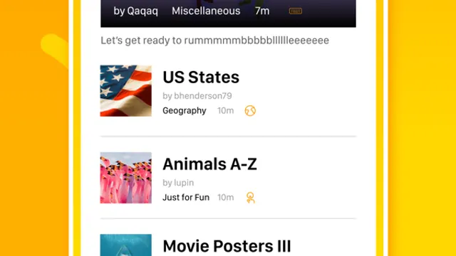 The Sporcle app home screen with a list of quizzes