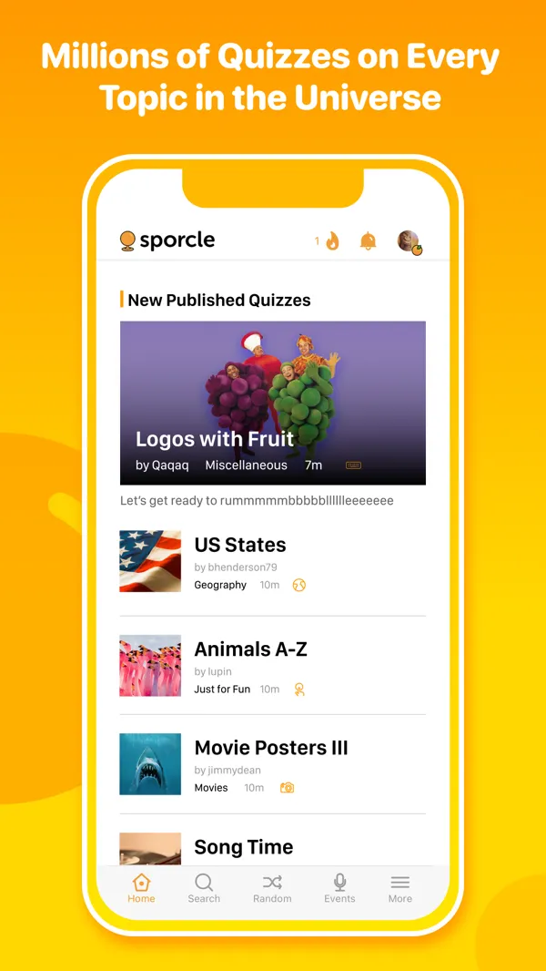 The Sporcle app home screen with a list of quizzes