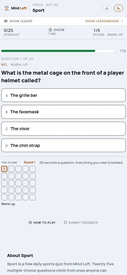 Sport on a phone for October 20, 2026: the helmet question with four stacked answers, the timer bar and the five-by-five climb of questions below