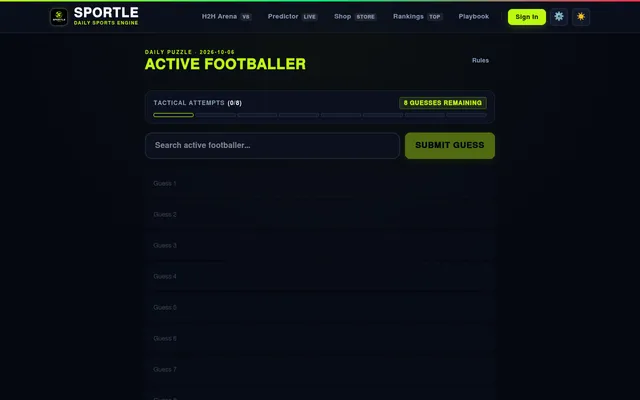 Sportle's Active Footballer daily puzzle for 2026-10-06: eight empty guess rows, the player search box and '8 guesses remaining'