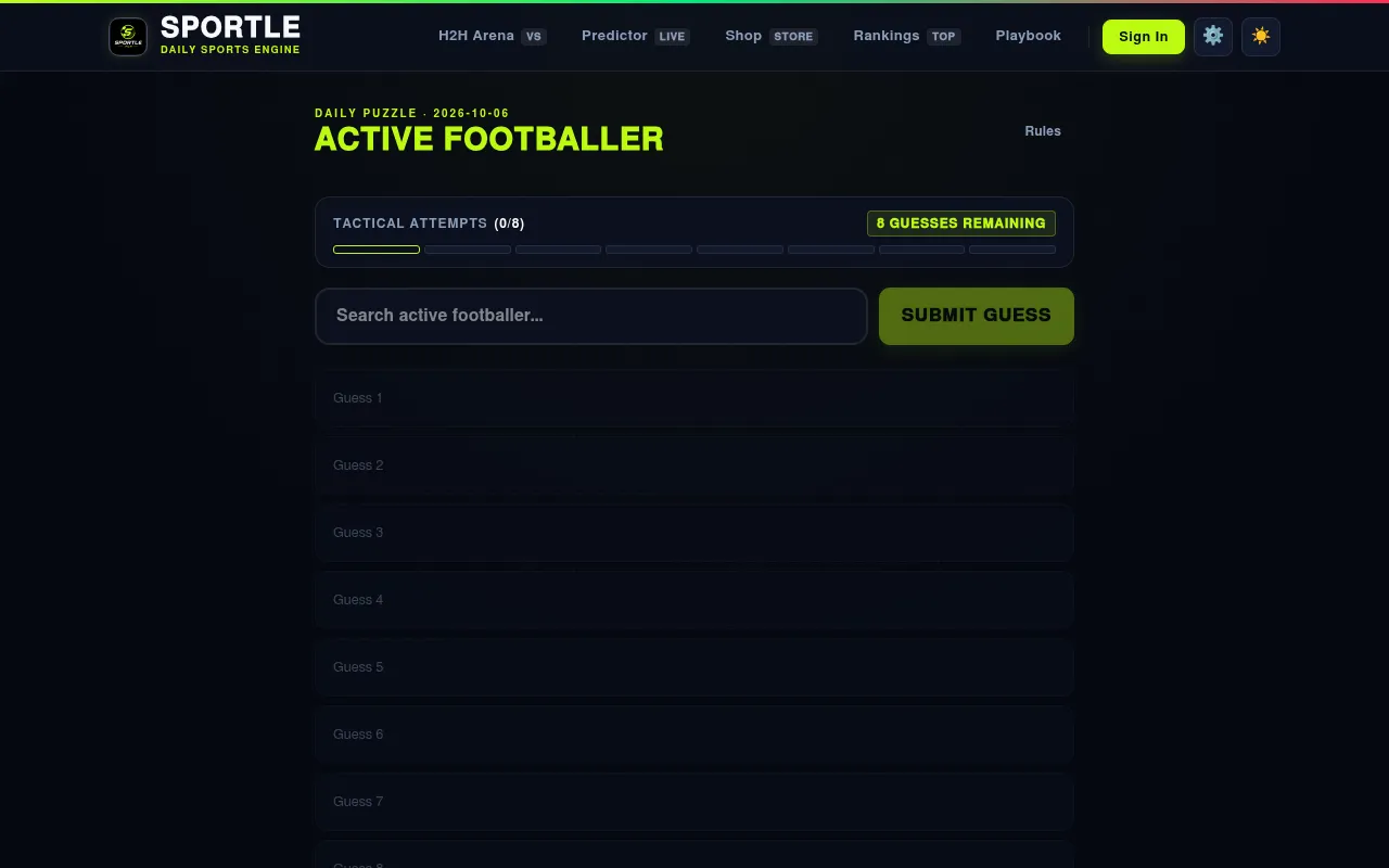 Sportle's Active Footballer daily puzzle for 2026-10-06: eight empty guess rows, the player search box and '8 guesses remaining'