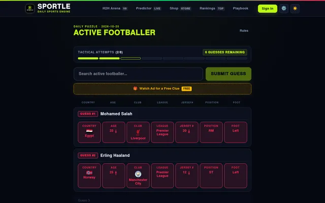 Sportle's Active Footballer daily puzzle for 2026-10-25 with two guesses, Mohamed Salah and Erling Haaland, compared by country, age, club, league, shirt number, position and foot