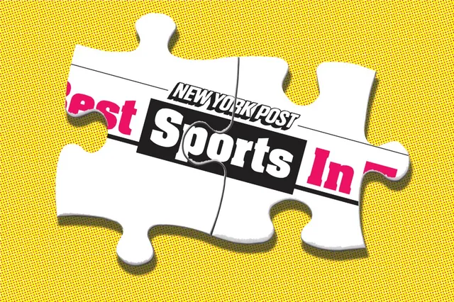 Two jigsaw pieces printed with the New York Post Sports logo on a yellow halftone background