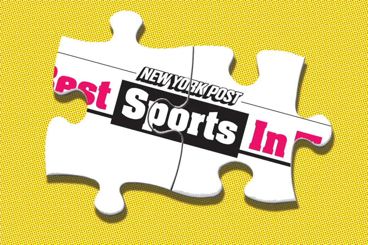 Two jigsaw pieces printed with the New York Post Sports logo on a yellow halftone background