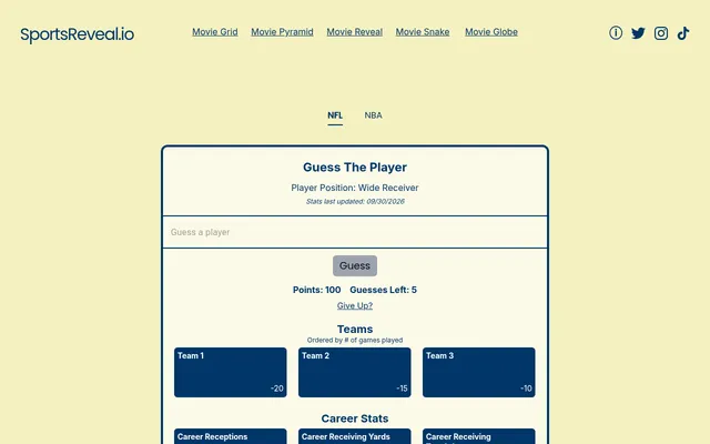 The Sports Reveal NFL puzzle: Guess The Player for a wide receiver, with a guess box, 100 points and 5 guesses left, three hidden team tiles costing 20, 15 and 10 points, and hidden career stat tiles