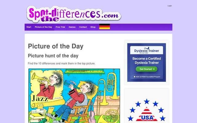 Spot the Differences Picture of the Day: Find the 10 differences, above the first of two colourful cartoon pictures of a jazz trumpeter