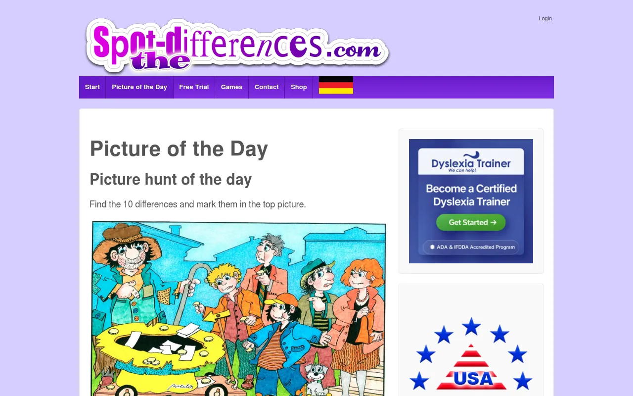 The Picture of the Day page on a desktop, with the instruction to find the 10 differences above the first cartoon picture