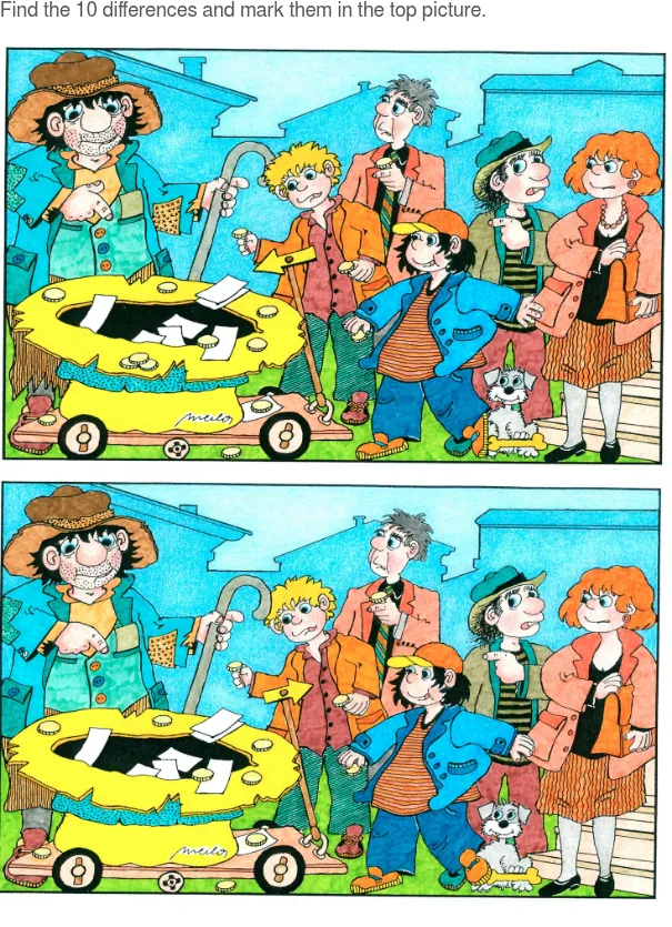 Today's puzzle board: two copies of a cartoon of a tramp beside a yellow cart full of coins, children and a dog around him, with ten differences to find