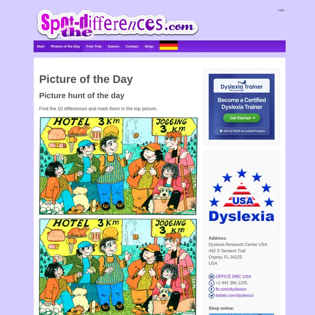 The Picture of the Day page with two hand-drawn cartoon scenes of hikers at a signpost, one above the other, to compare for differences