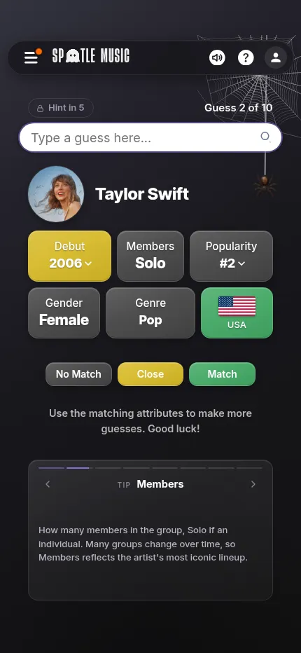 Spotle at phone size: a Taylor Swift guess with a yellow 2006 debut tile and a green USA tile, above the colour key