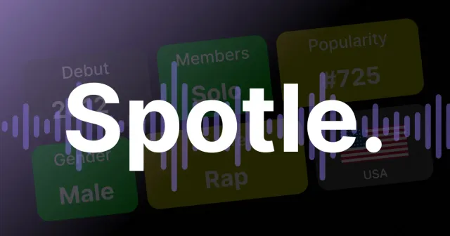 The Spotle logo over sample clue tiles for debut year, members, popularity, gender, genre and country
