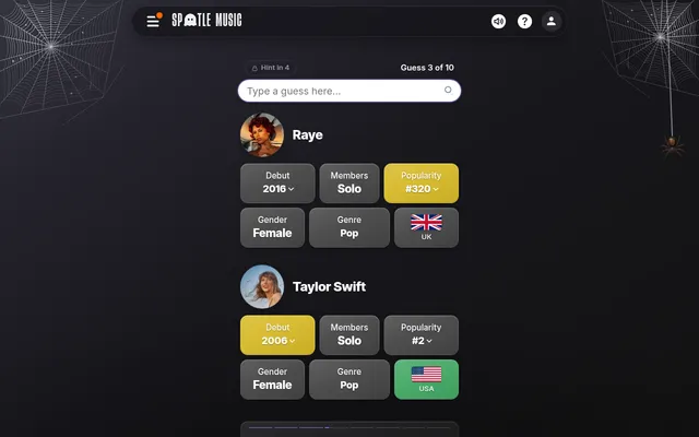 Today's Spotle board on 30 October 2026 with two guesses, Raye and Taylor Swift, each scored on debut, members, popularity, gender, genre and country, under a Halloween cobweb