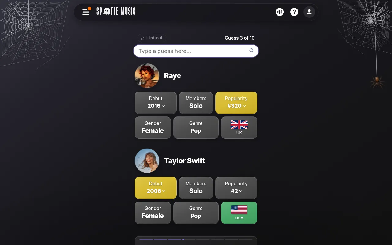 Today's Spotle board on 30 October 2026 with two guesses, Raye and Taylor Swift, each scored on debut, members, popularity, gender, genre and country, under a Halloween cobweb