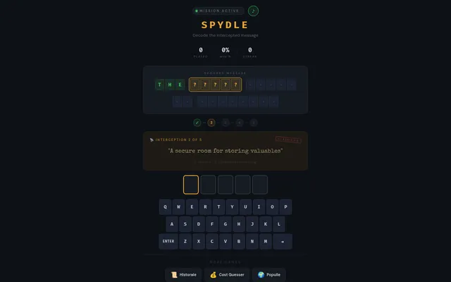 Spydle's daily mission in play: THE decoded in green in the message panel, interception 2 of 5 with the clue 'A secure room for storing valuables', five letter boxes and a keyboard