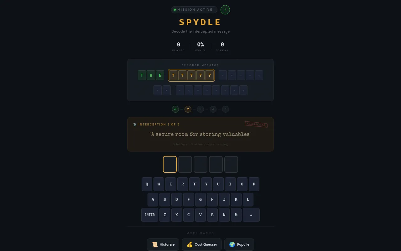 Spydle's daily mission in play: THE decoded in green in the message panel, interception 2 of 5 with the clue 'A secure room for storing valuables', five letter boxes and a keyboard