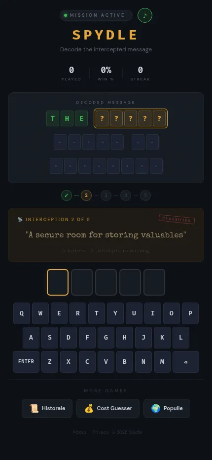 Spydle at phone size: the message panel with the first word THE solved, interception 2 of 5 and its clue above the on-screen keyboard