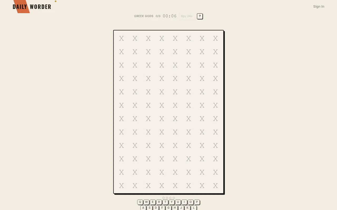 Spying Bee puzzle with the theme Greek Gods: an 8 by 12 grid of hidden letters shown as X, the counter 0/6 words, a running timer and a Spy button, above a small keyboard