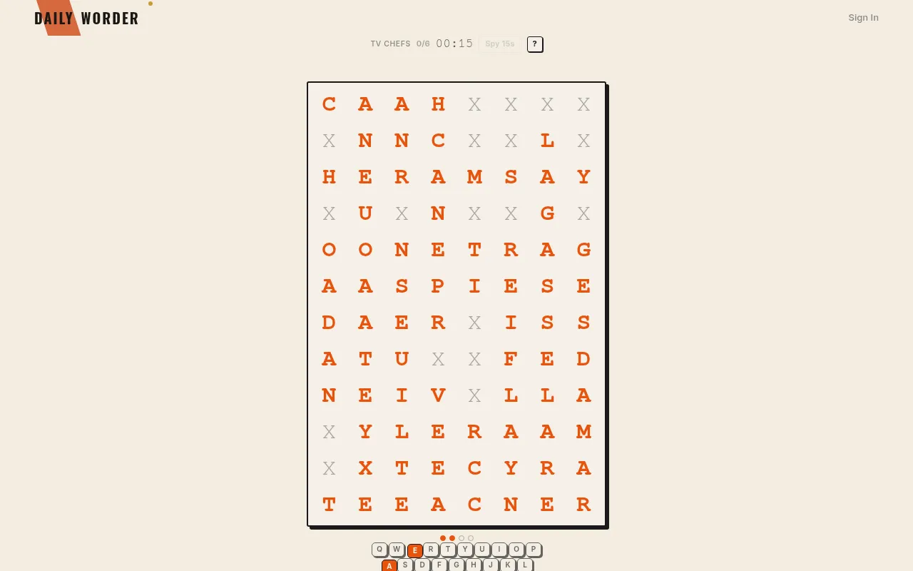 Spying Bee's TV Chefs puzzle in play: an 8 by 12 grid with most letters revealed in orange after E and A were tapped, the counter 0/6 words, the timer and the Spy button