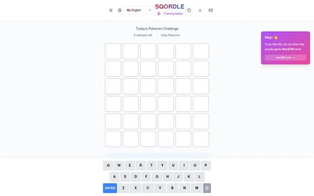 The Sqordle board for Today's Pokemon Challenge: an empty six-letter, six-row guess grid with 6 attempts left above an on-screen keyboard