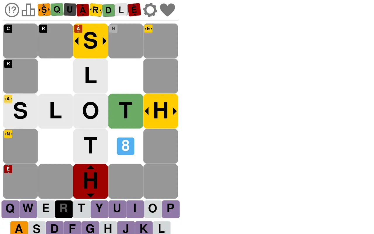 Today's Daily Squardle board after two guesses, with a green T, yellow and red arrow hints and small letter notes on the 5x5 grid