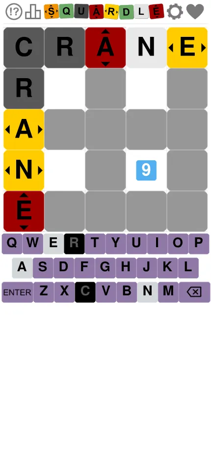 Squardle at phone size after one guess, CRANE entered along the top row and left column with arrow hints, above the on-screen keyboard