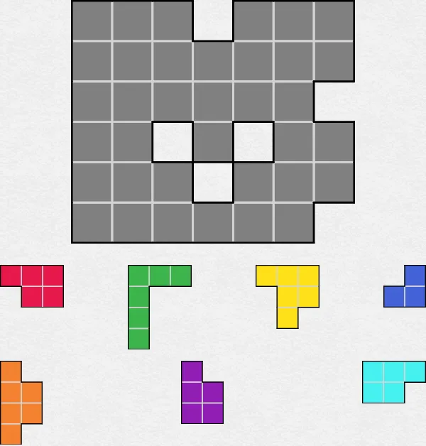 The Mixed SquareBlocks grid on PuzzleMadness for 28 October 2026: a 7 by 6 grid with notches and three holes, and seven coloured pieces waiting below