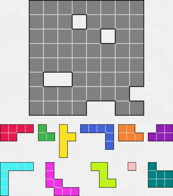 The Medium SquareBlocks puzzle on PuzzleMadness for 28 October 2026: an empty 8 by 8 grey grid with four holes, and eleven coloured block pieces below it