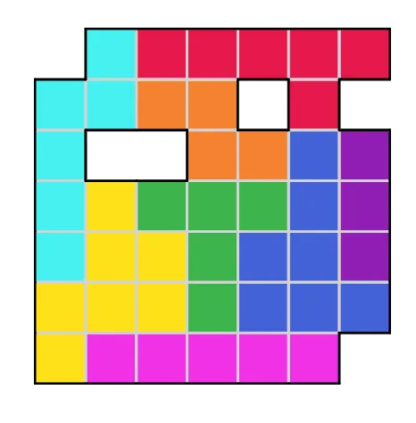 A solved example SquareBlocks grid from PuzzleMadness's rules: coloured block pieces covering every square around two holes