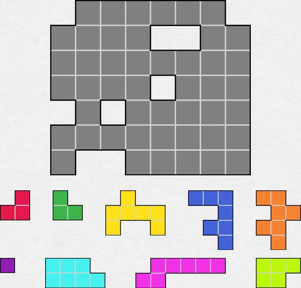 Today's Medium SquareBlocks puzzle on PuzzleMadness for 3 October 2026: an empty grey grid with three holes and ten coloured block pieces underneath