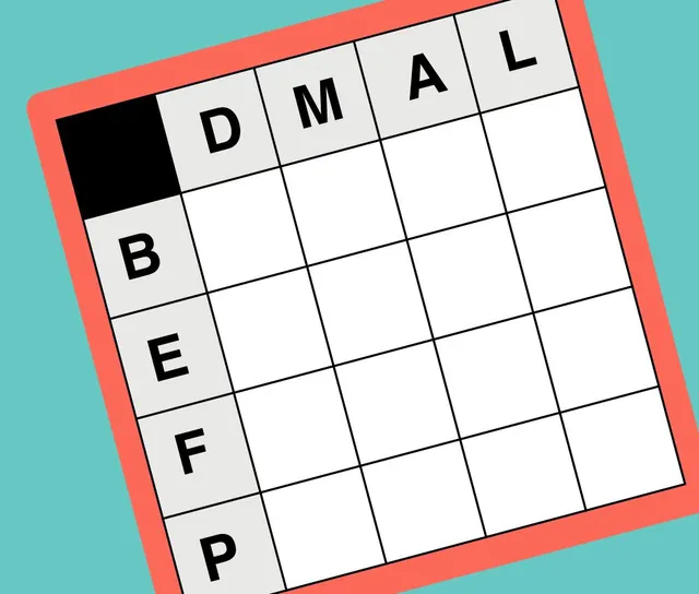 Squared Away press art: a small crossword grid with D, M, A, L across the top and B, E, F, P down the side