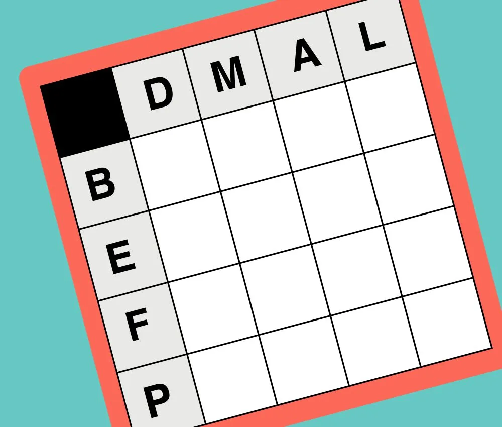 Squared Away press art: a small crossword grid with D, M, A, L across the top and B, E, F, P down the side