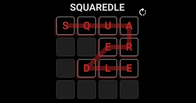 A four-by-four Squaredle grid with the word SQUAREDLE traced through the tiles