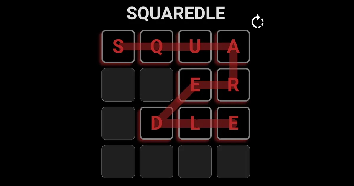 A four-by-four Squaredle grid with the word SQUAREDLE traced through the tiles