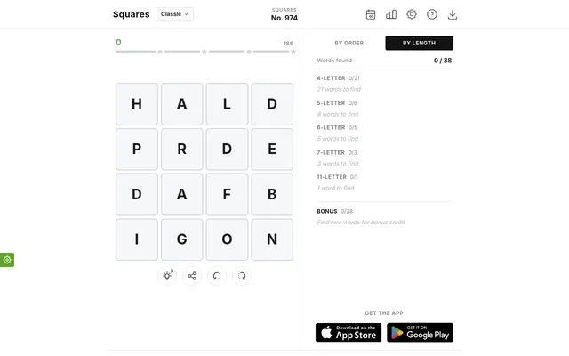 Squares No. 974 on desktop: the day's 4x4 letter grid with hint, share and rotate buttons, and the list of 38 target words by length plus 28 bonus words