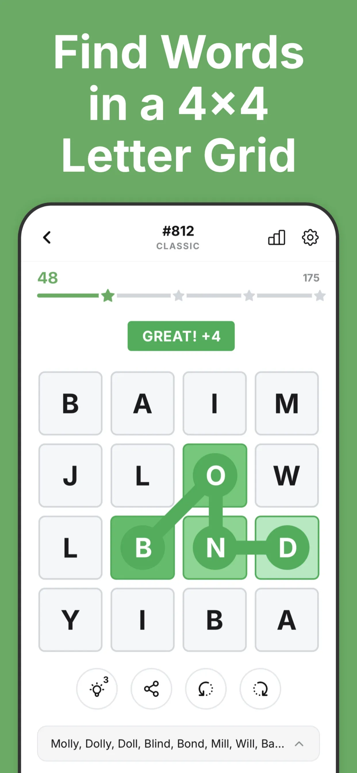 Squares puzzle #812 on a phone: a 4x4 letter grid with the word BOND traced in green and a star score bar above