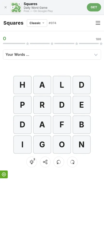 Squares No. 974 at phone size: the 4x4 letter grid under a score bar of stars, with the found words folded into a Your Words list