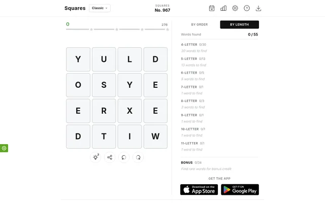 Squares No. 967 on desktop: today's 4x4 letter grid with hint, share and rotate buttons, and the list of 55 target words by length