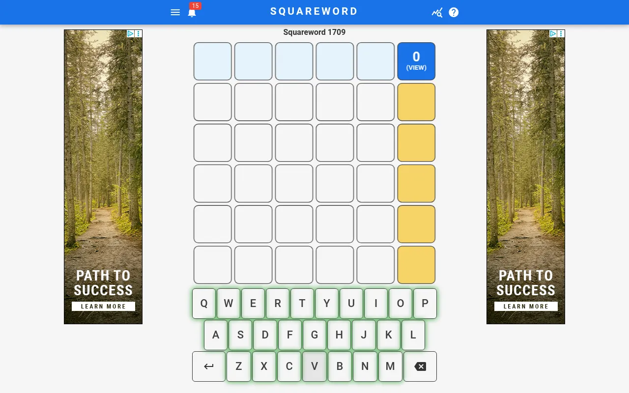 Squareword 1709: an empty 5x5 letter grid under a light blue guess row, with a yellow column of hint boxes on the right and an on-screen keyboard below