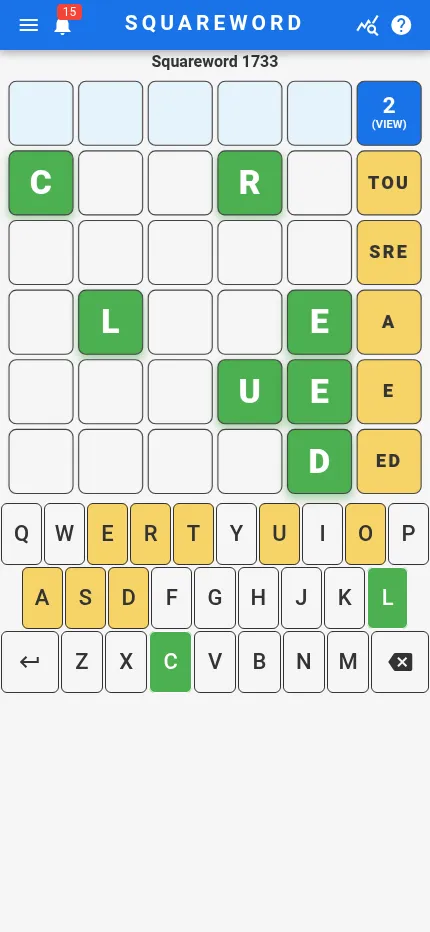 Squareword 1733 at phone size after two guesses, with the grid, the yellow hint column and the on-screen keyboard