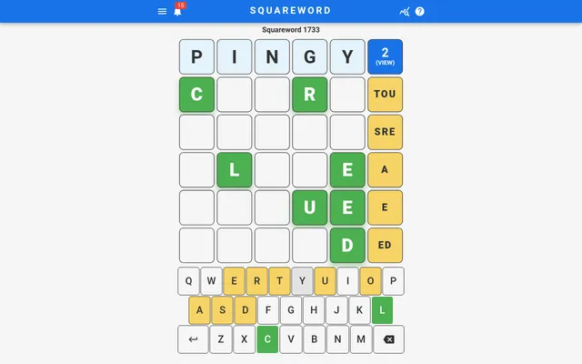 Squareword 1733 on a computer after two guesses: green letters placed in the 5x5 grid, yellow hint boxes at the end of each row and a coloured keyboard below