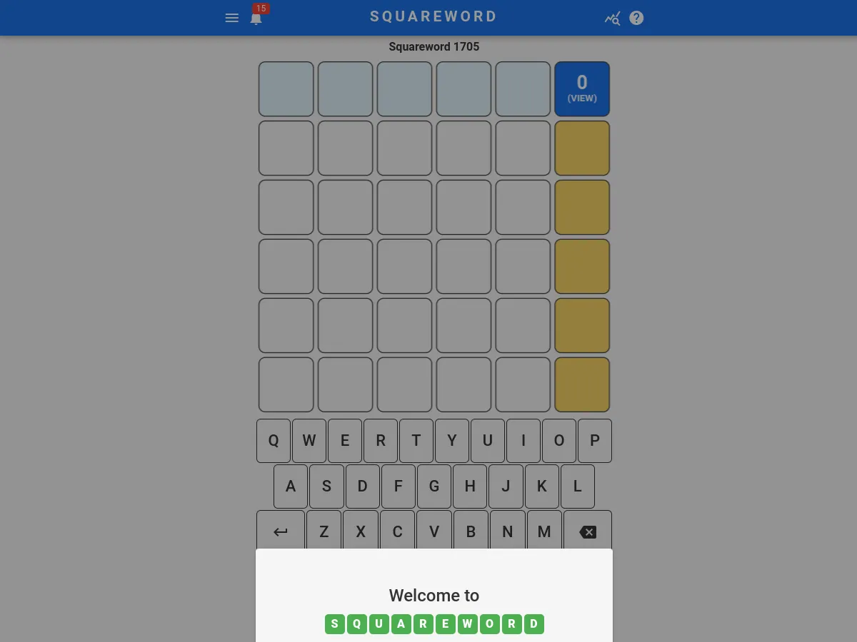 Squareword 1705: an empty 5x5 grid with a yellow column of clue boxes on the right and an on-screen keyboard below