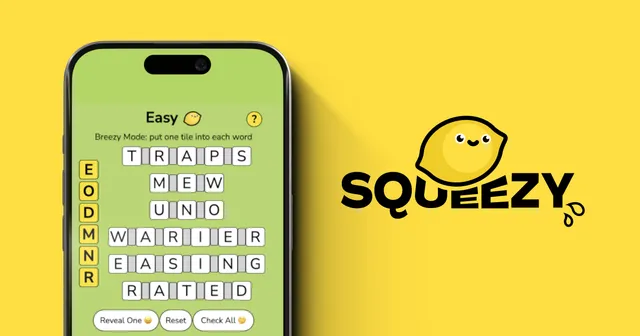 Squeezy on a phone: yellow letter tiles beside a stack of words with gaps, next to the Squeezy lemon logo
