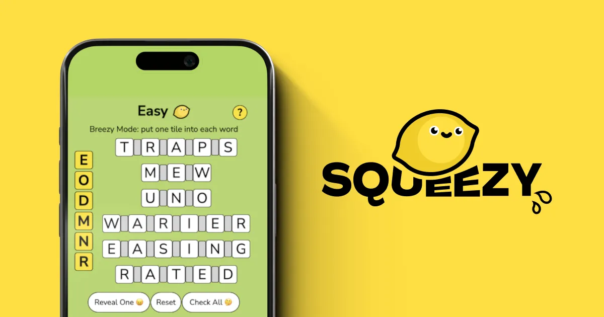 Squeezy on a phone: yellow letter tiles beside a stack of words with gaps, next to the Squeezy lemon logo