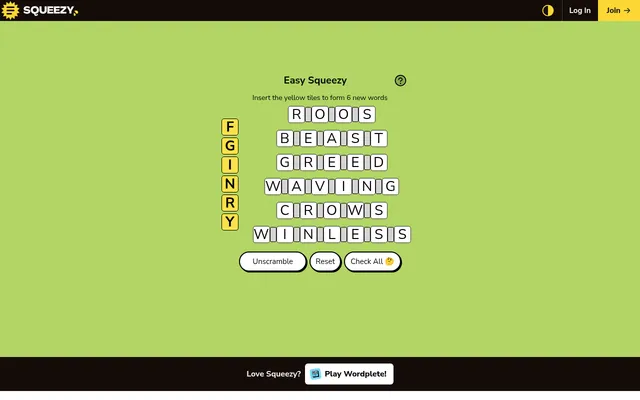 Today's Easy Squeezy, 22 October 2026: six yellow tiles F, G, I, N, R, Y to insert into ROOS, BEAST, GREED, WAVING, CROWS and WINLESS